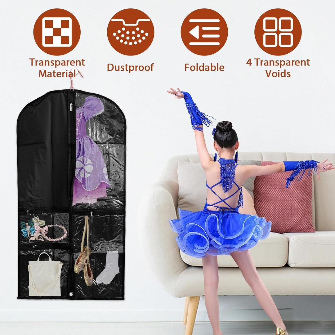 Unisex costume garment bag set (5-pack) with clear pockets, ideal for dance & stage wear protection.