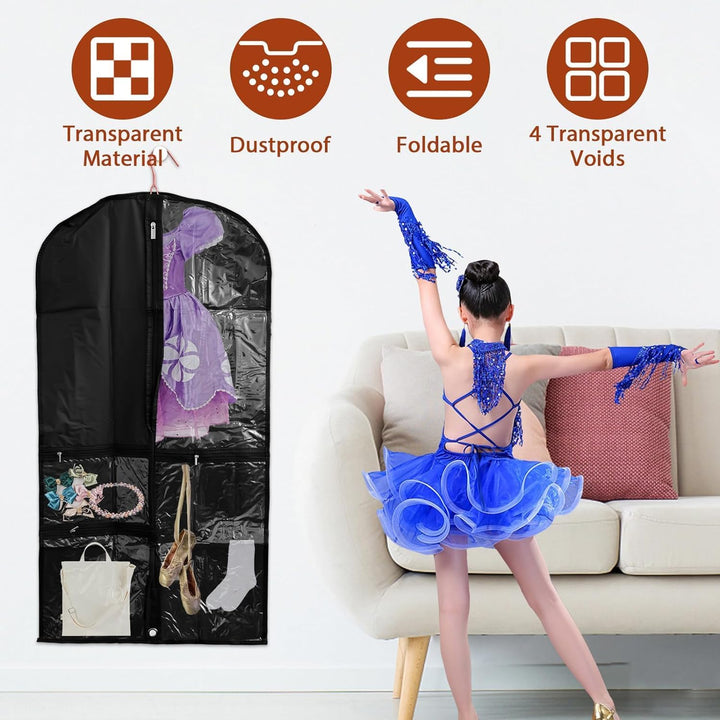 Unisex costume garment bag set (5-pack) with clear pockets, ideal for dance & stage wear protection.