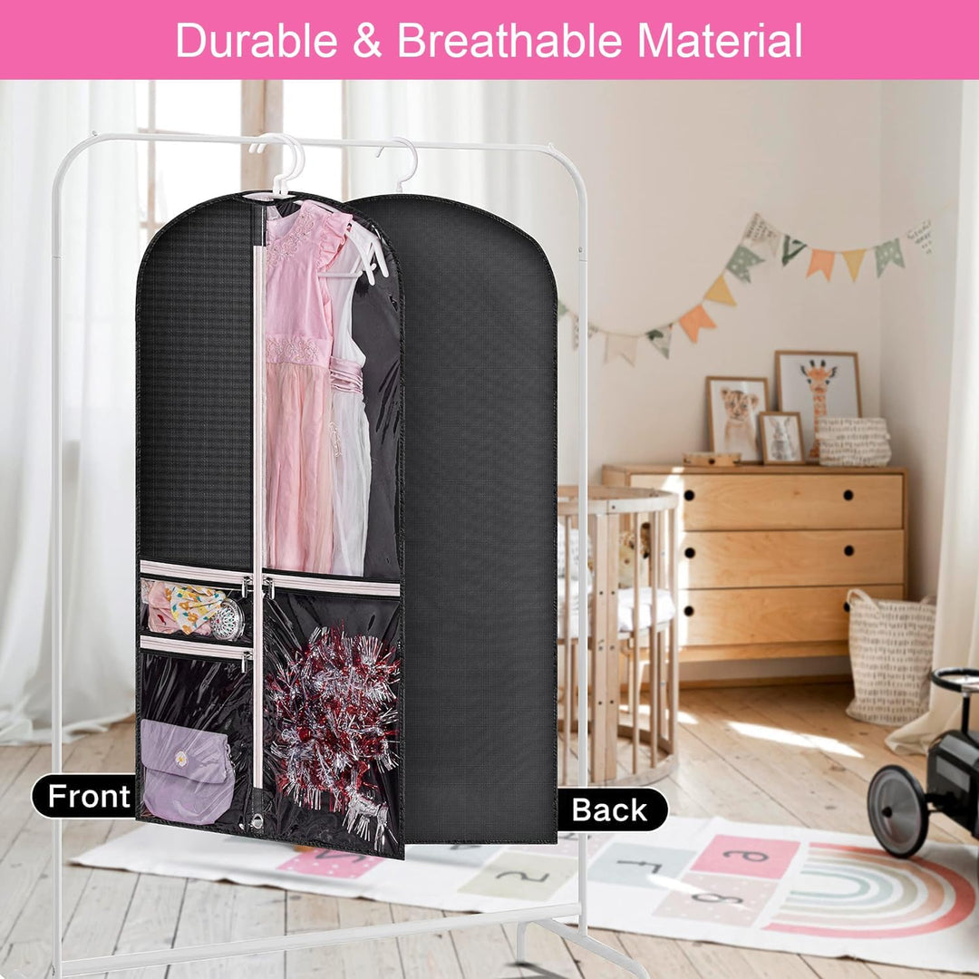 Premium 5-pack dance & costume garment bags with clear pockets & fold loop for travel organization.
