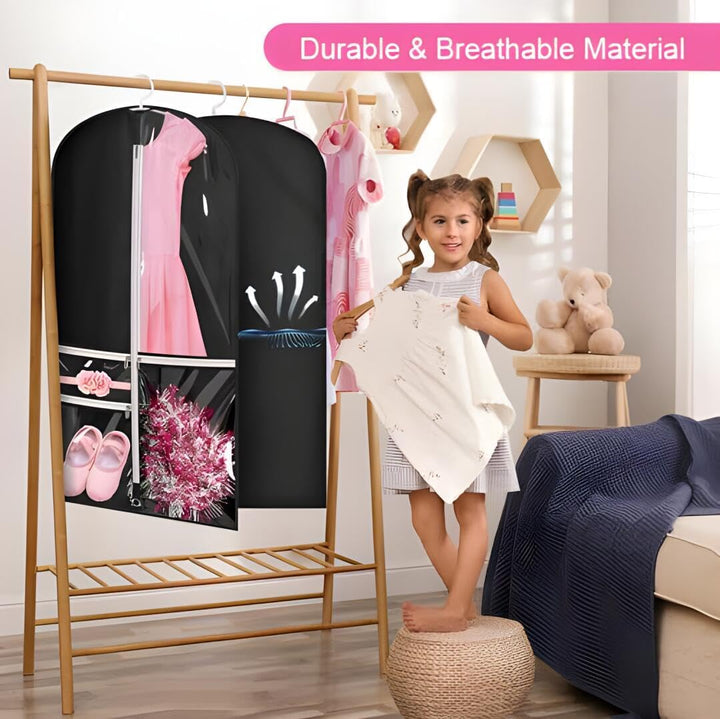 Durable 5-pack garment covers for dance & costume storage, with clear pockets for quick identification.