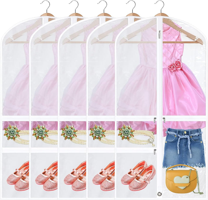 5-pack unisex foldable dance garment bags with zipped accessory pockets for costumes and clothing.