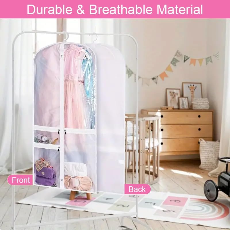 Foldable garment bags with multiple zipped pockets, ideal for organizing dance accessories & costumes.