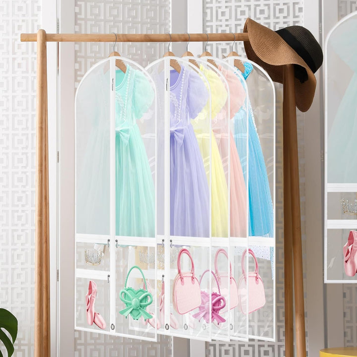 Convenient 5-pack foldable garment bags for dancewear storage, protecting clothing from dust & wrinkles.