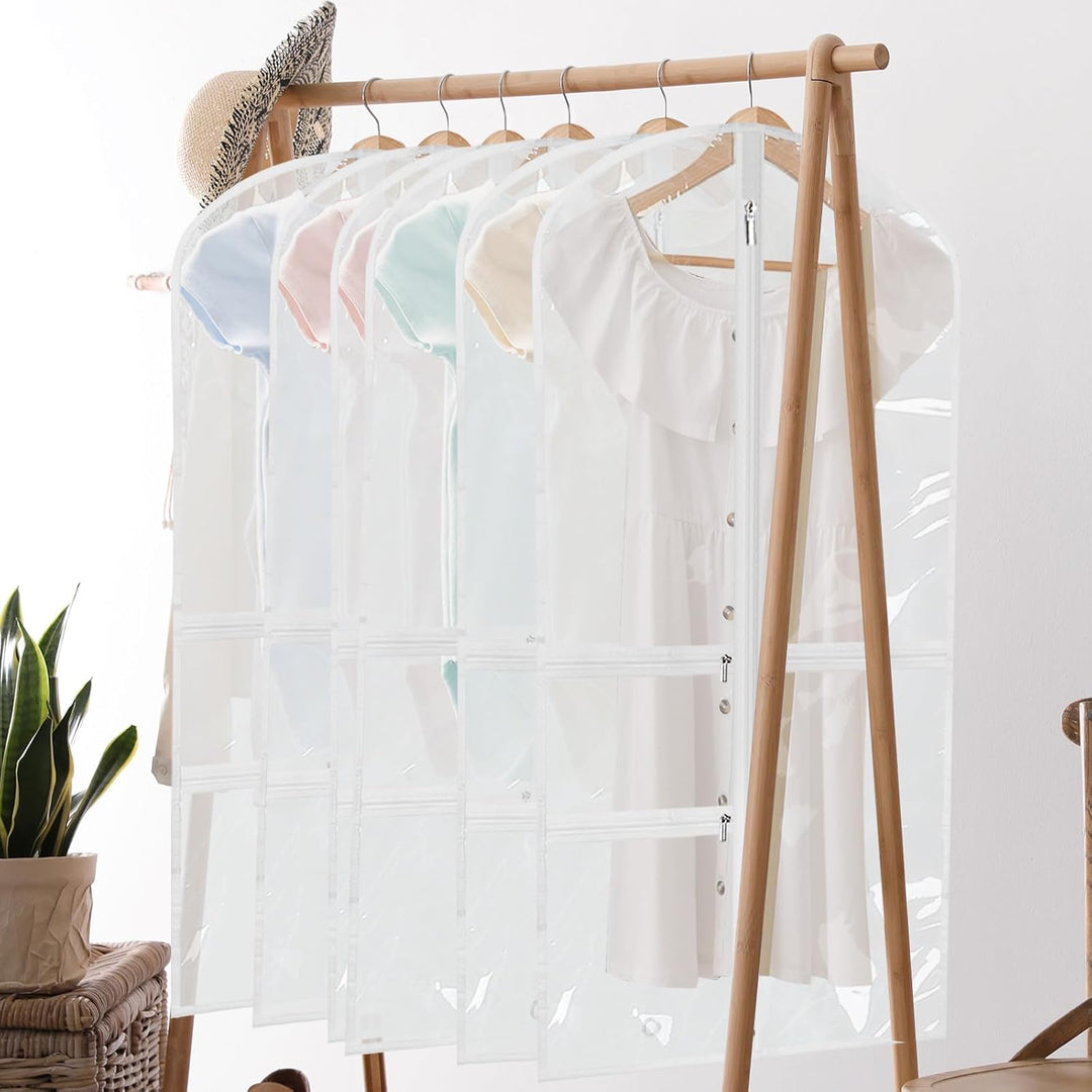Clothing protector garment bags, foldable 5-pack, keeping dance costumes and apparel safe during travel.