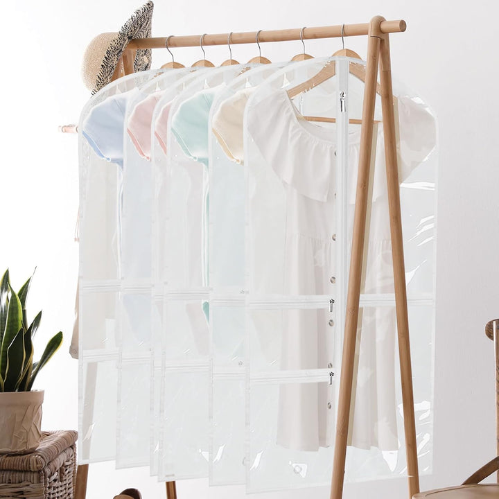 Clothing protector garment bags, foldable 5-pack, keeping dance costumes and apparel safe during travel.