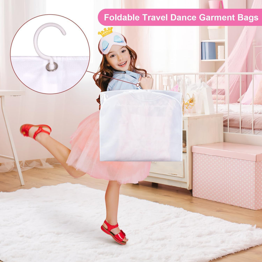 Black unisex foldable garment bags, 5-pack, with zipped pockets for organized dance costume transport.