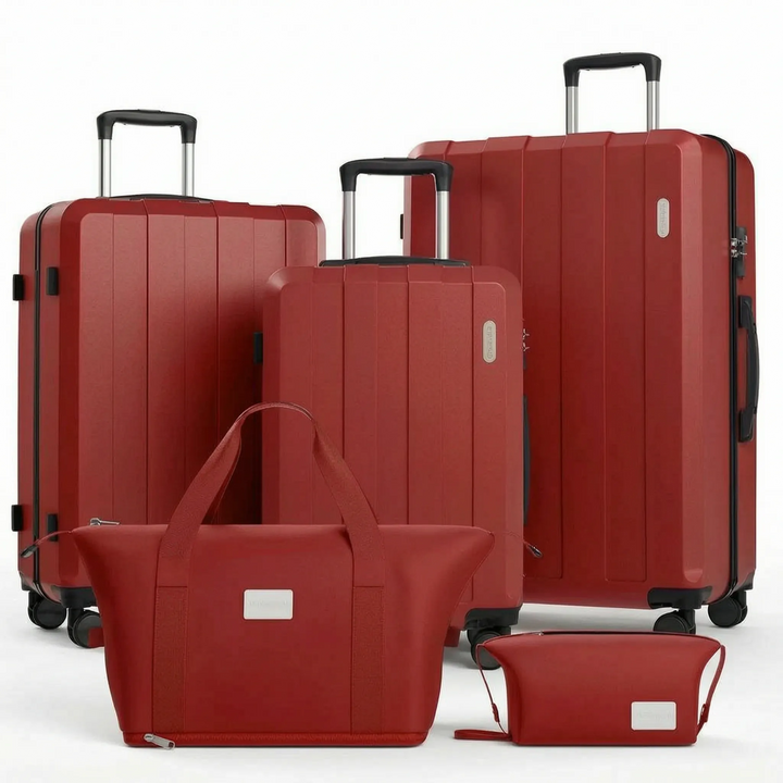 Premium 5-piece hardshell luggage set, durable suitcases with spinner wheels & expandable design for long trips.