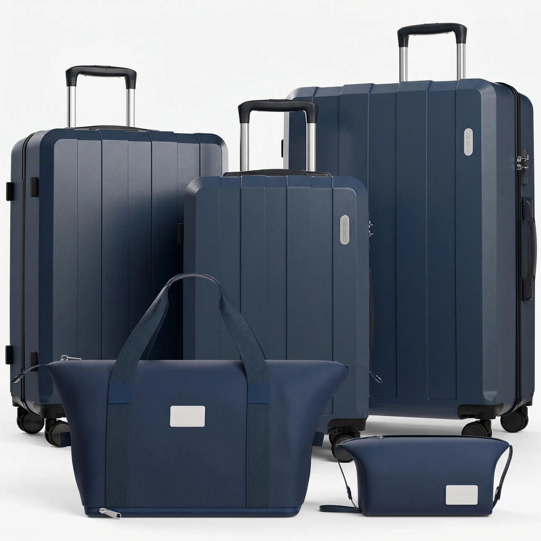 Family travel essential: 5-piece hardshell luggage set, rolling suitcases with spinner wheels, carry-on & checked.