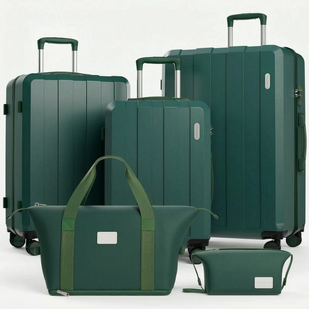 Versatile 5-piece hardshell luggage set, includes carry-on, checked bags & travel accessories with spinner wheels.