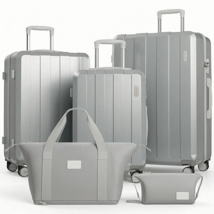 Robust 5-piece hardshell luggage set with spinner wheels, offering easy navigation for all your travel needs.