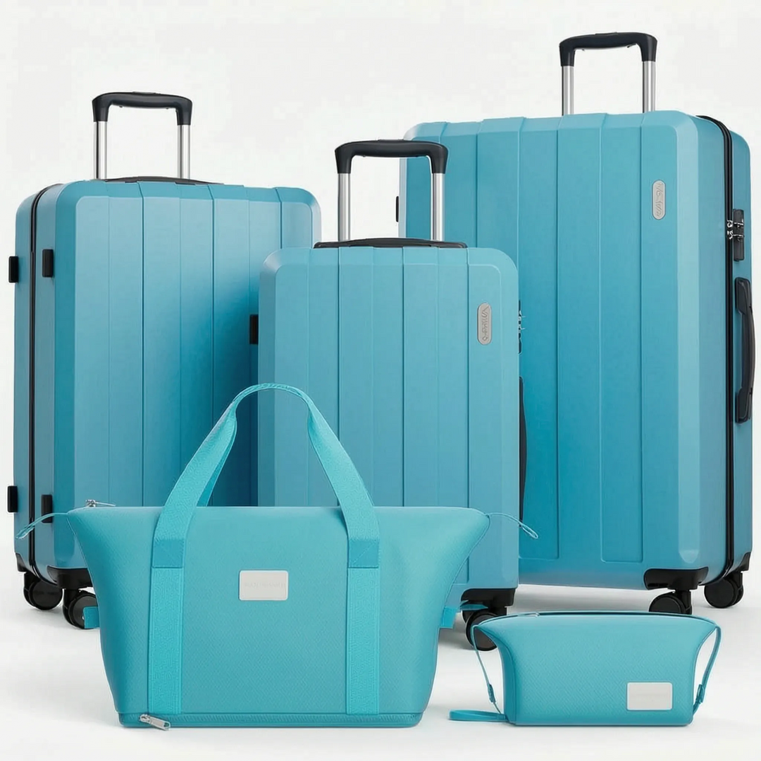 Stylish 5-piece hardshell luggage set, travel suitcases with spinner wheels, ideal for vacation & business trips.