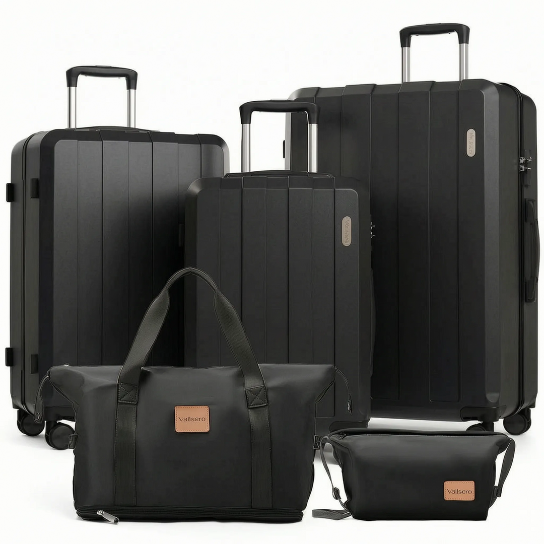 Ultimate family travel 5-piece hardshell luggage set, durable rolling bags with spinner wheels for stress-free trips.