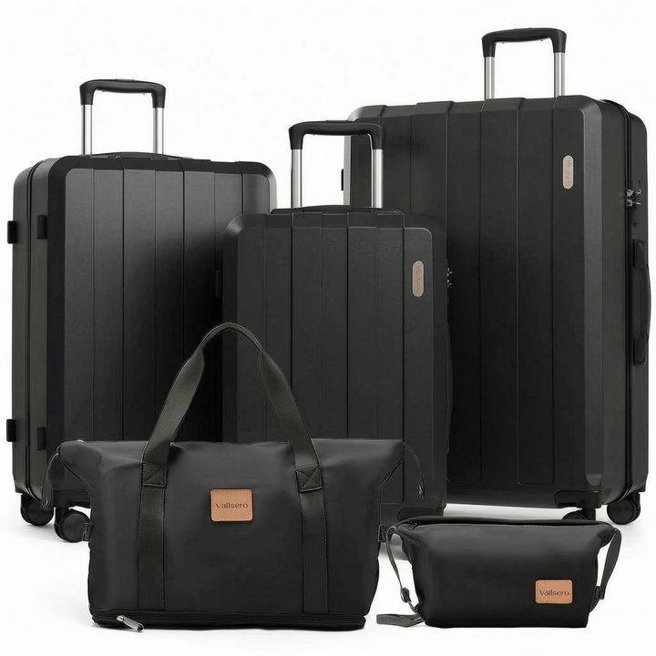 Ultimate family travel 5-piece hardshell luggage set, durable rolling bags with spinner wheels for stress-free trips.