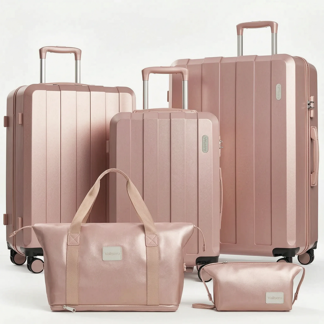 Complete 5-piece hardshell luggage travel set with spinner wheels, including carry-on & checked suitcases.