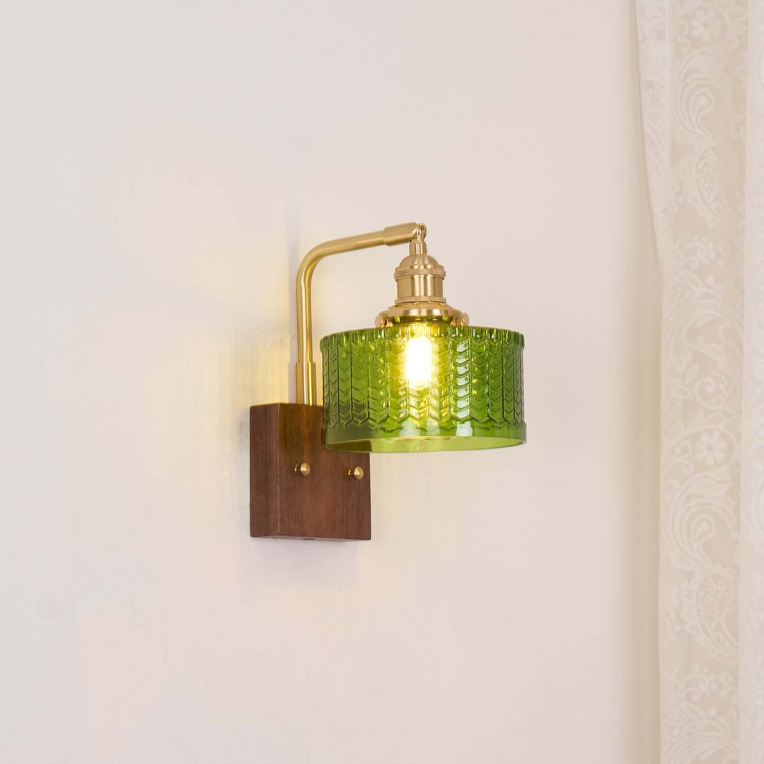 Rustic Green Glass Wall Light with Wooden Base