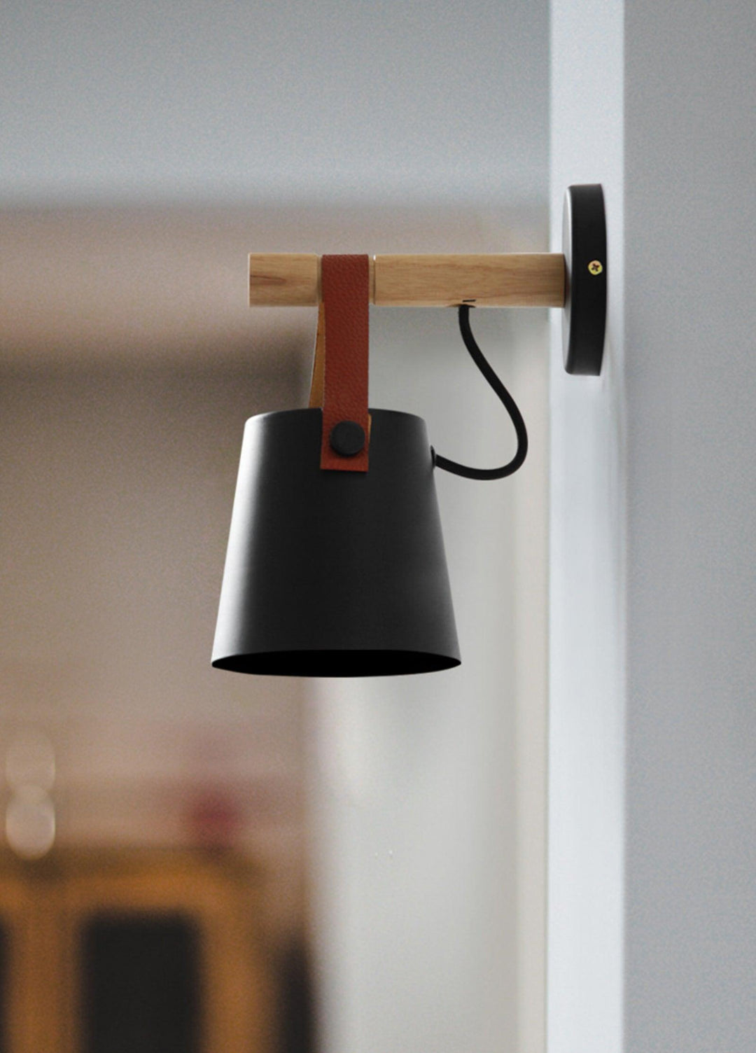 Conical Wooden Wall Light with Leather Strap