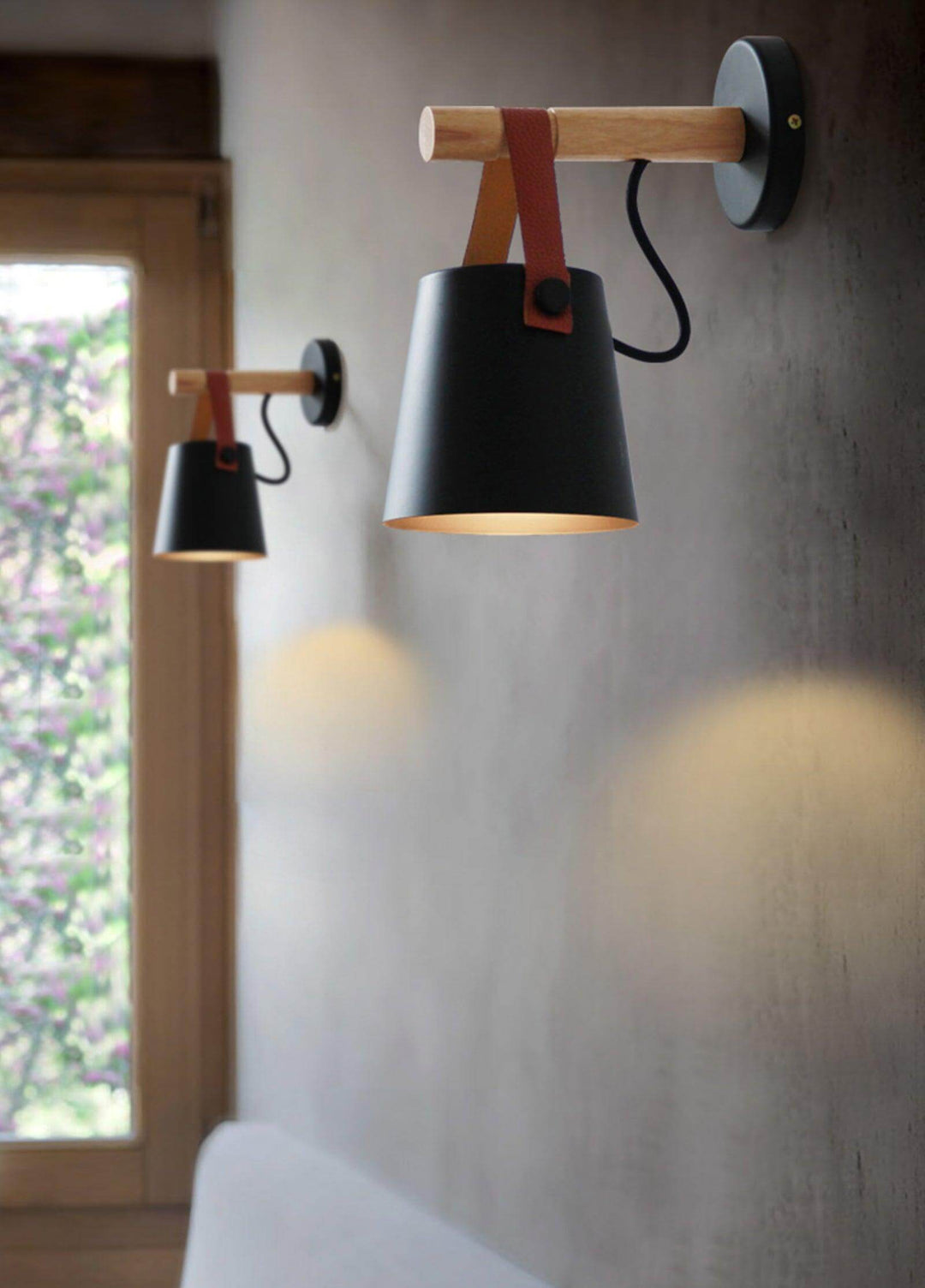Conical Wooden Wall Light with Leather Strap
