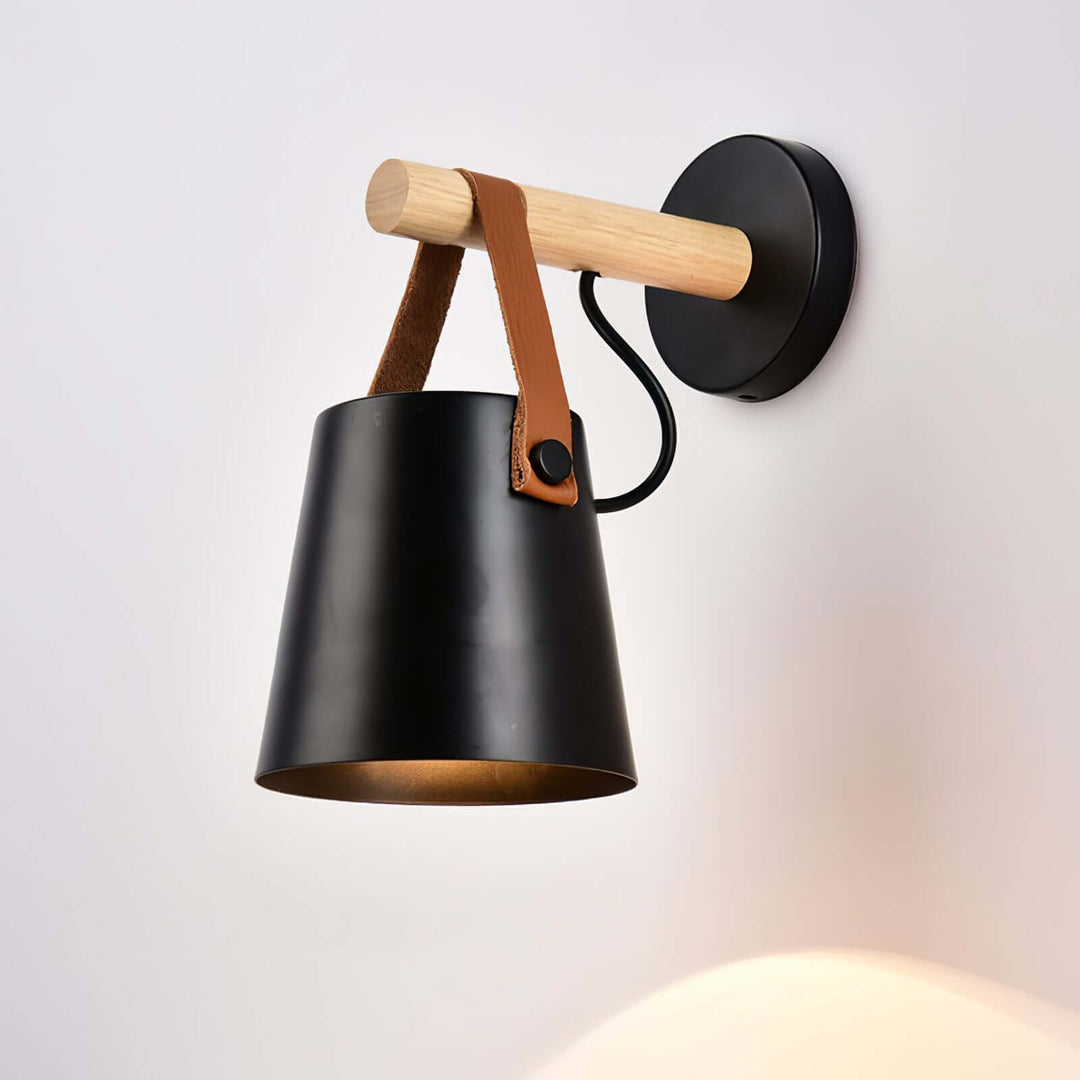 Conical Wooden Wall Light with Leather Strap