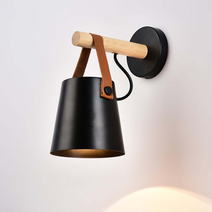 Conical Wooden Wall Light with Leather Strap
