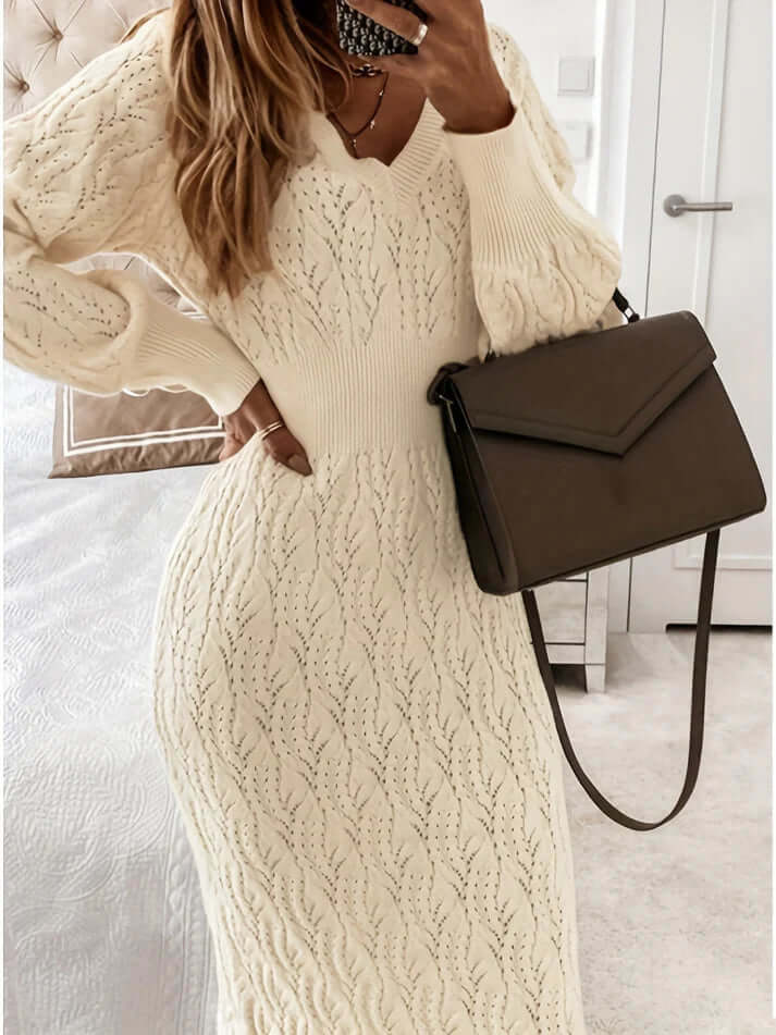 Women's V-Neck Long Sleeve Midi Dress