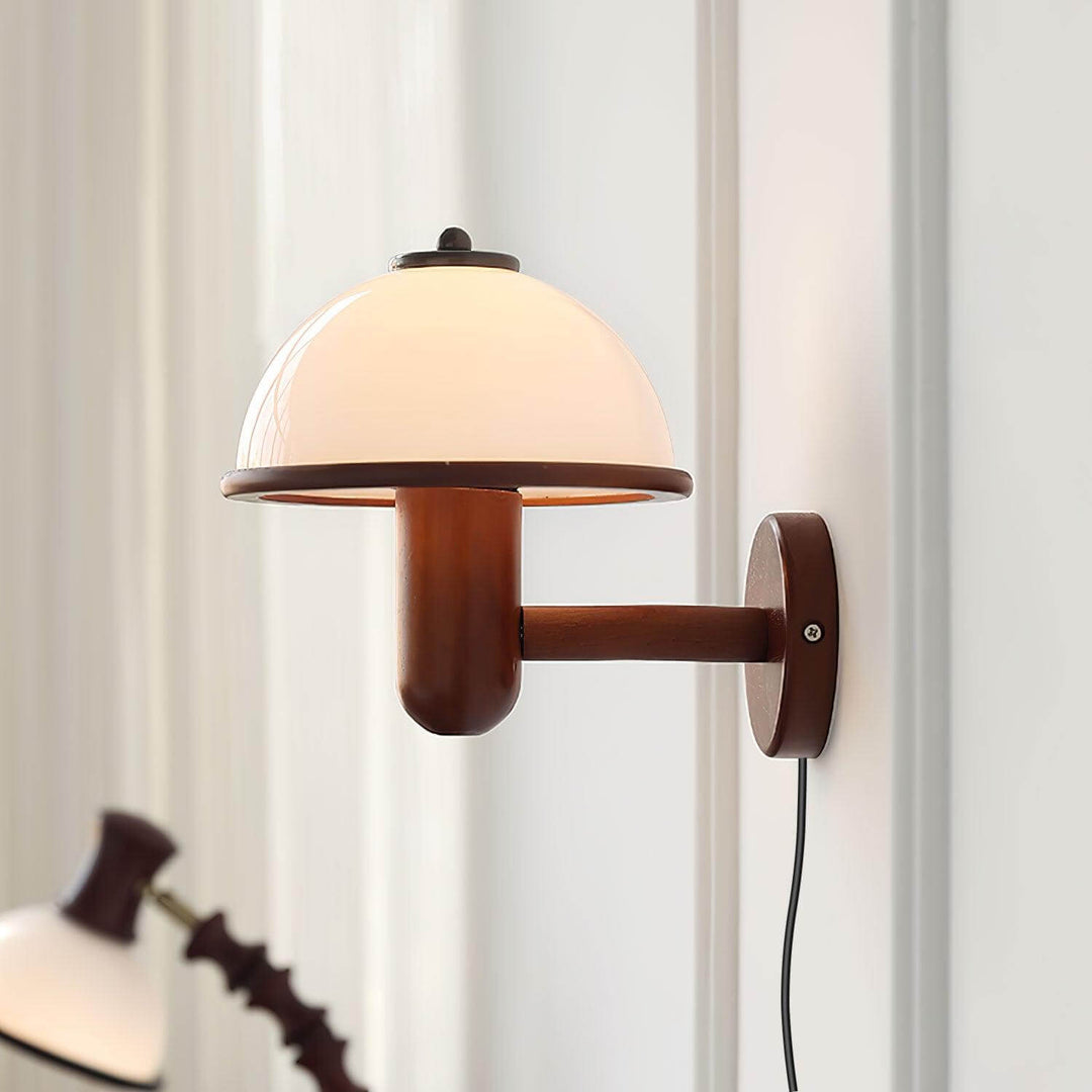 Oak Wood Mushroom Wall Light with White Shade