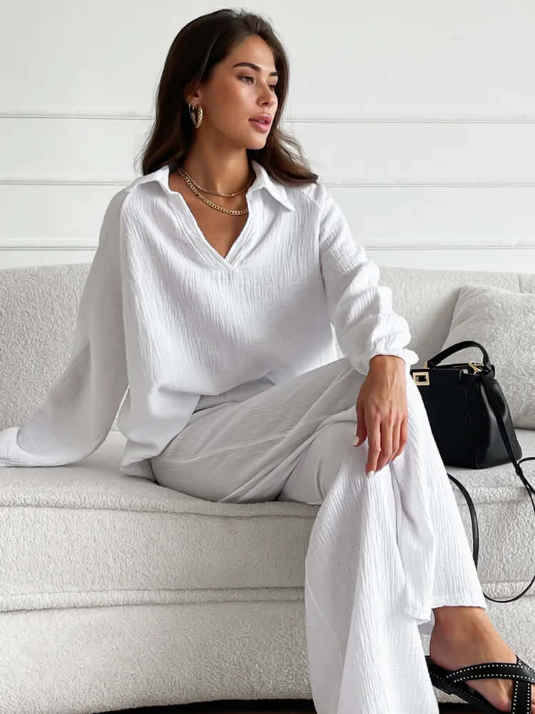 Women's Loungewear Set - V-Neck & Wide Leg