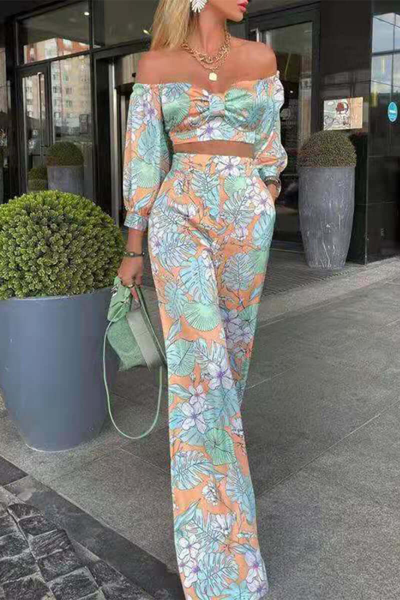 Floral Off-Shoulder Top & Wide Leg Pants Set - Women