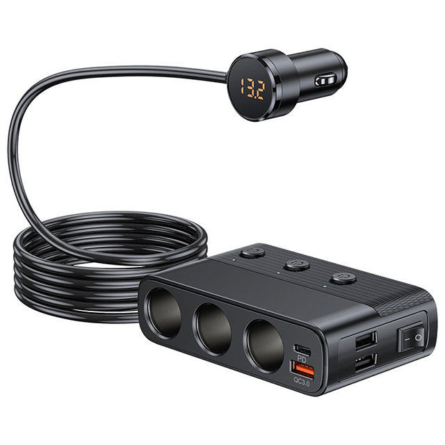 7-in-1 car adapter with 3 sockets, 4 USB ports, LED voltmeter, and quick charge, for charging multiple devices on the go.