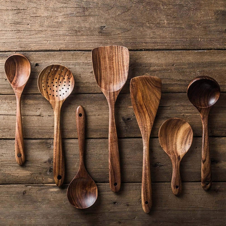Premium natural teak wood kitchen utensils; 7-piece set perfect for healthy cooking & non-stick cookware.