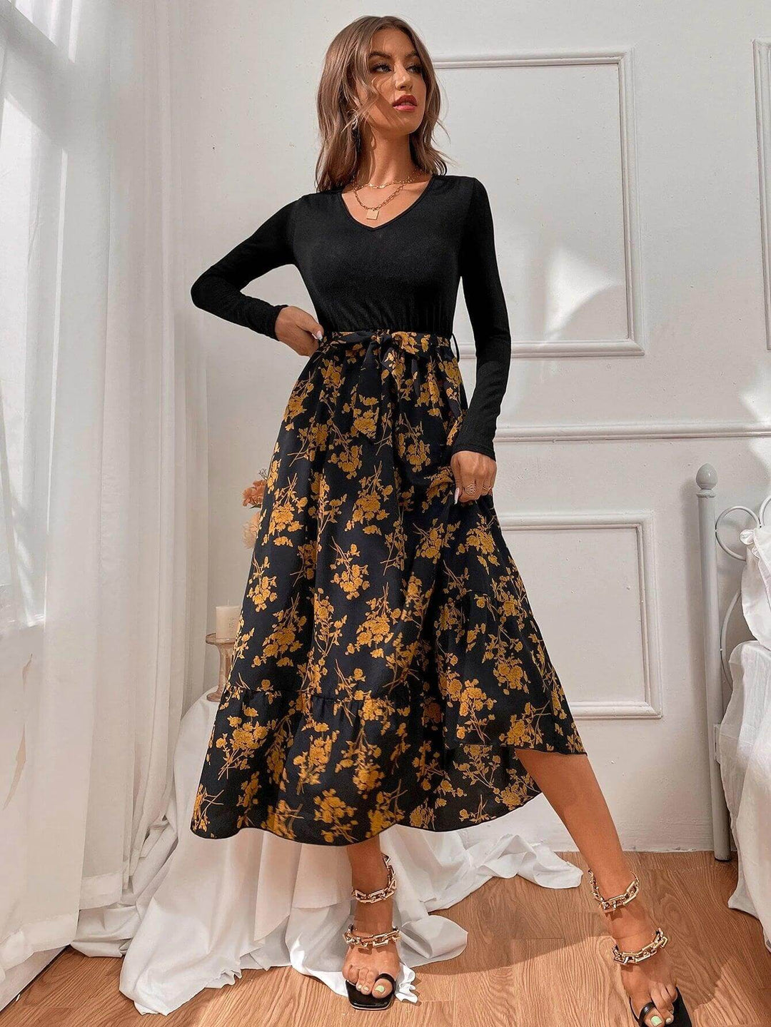 Women's Floral A-Line Long Sleeve Dress