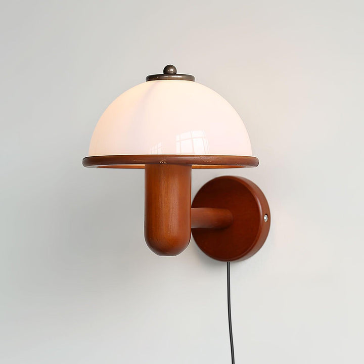 Oak Wood Mushroom Wall Light with White Shade