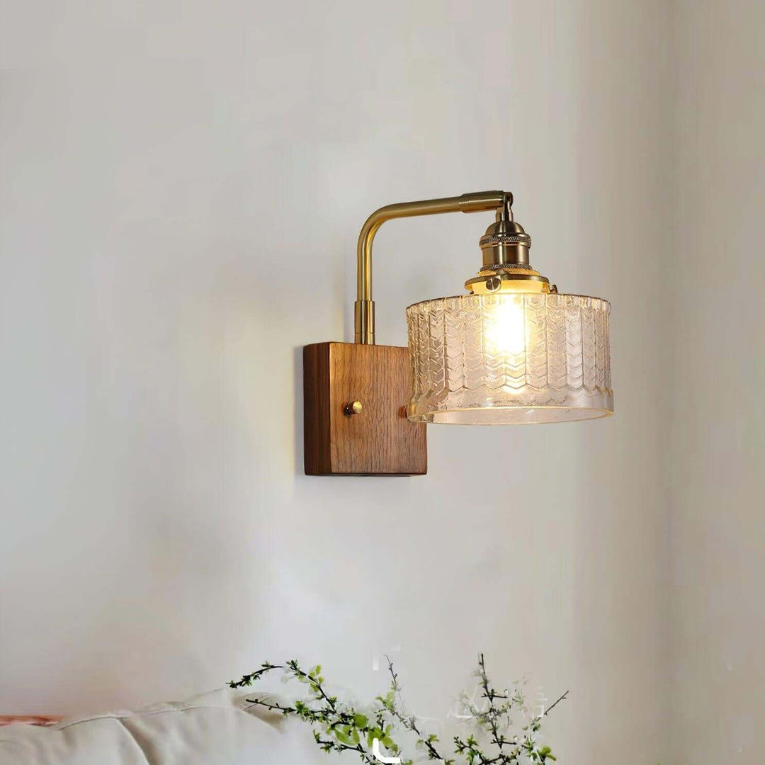 Rustic Green Glass Wall Light with Wooden Base