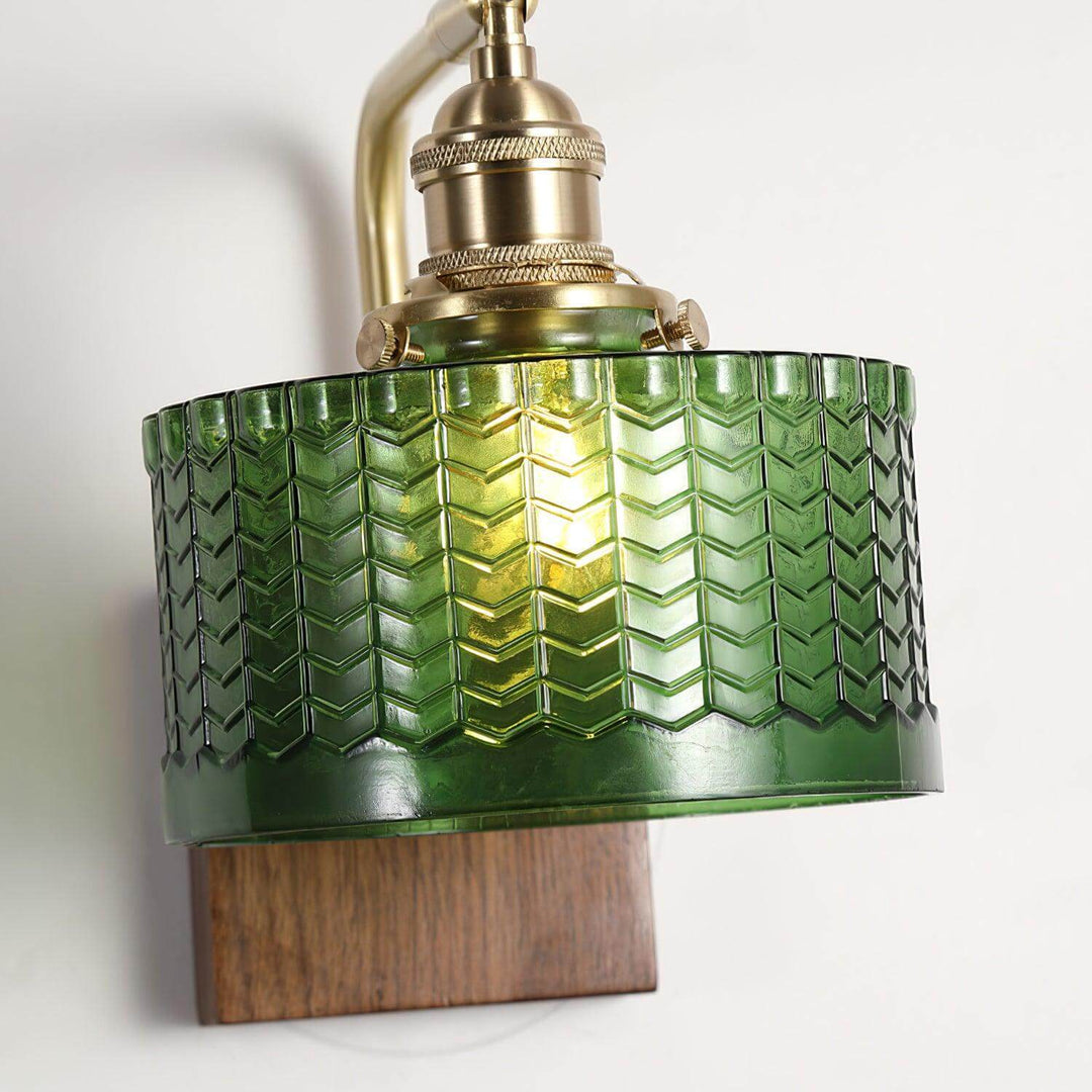 Rustic Green Glass Wall Light with Wooden Base