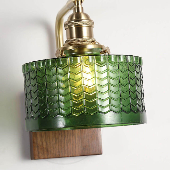 Rustic Green Glass Wall Light with Wooden Base
