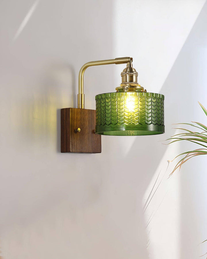 Rustic Green Glass Wall Light with Wooden Base