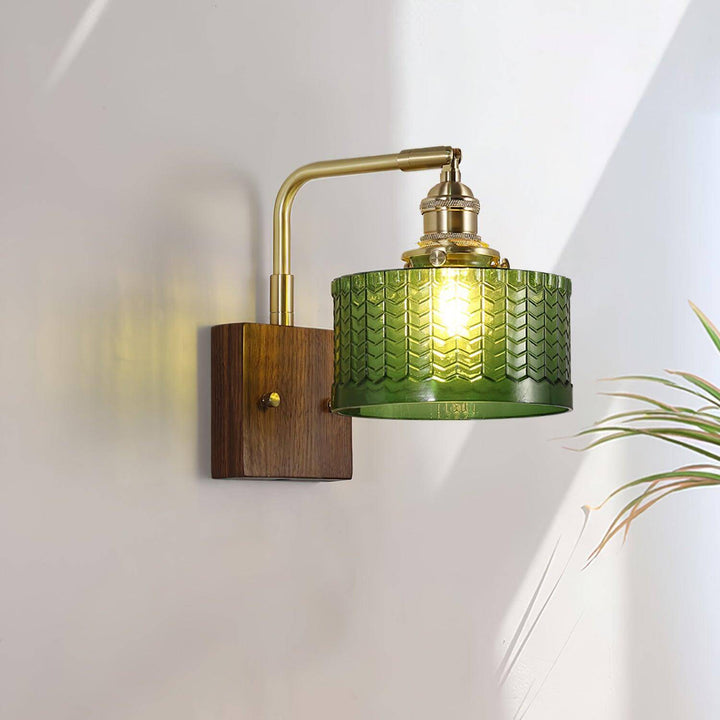 Rustic Green Glass Wall Light with Wooden Base