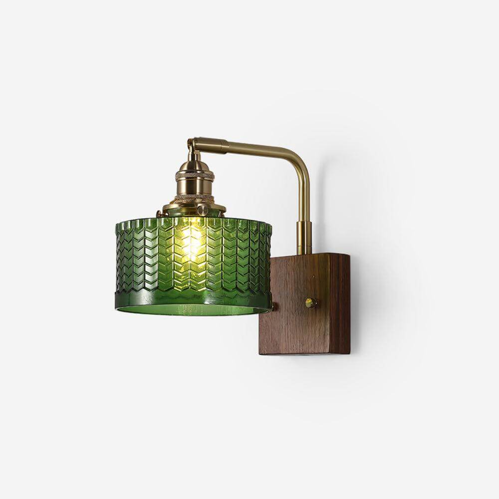 Rustic Green Glass Wall Light with Wooden Base