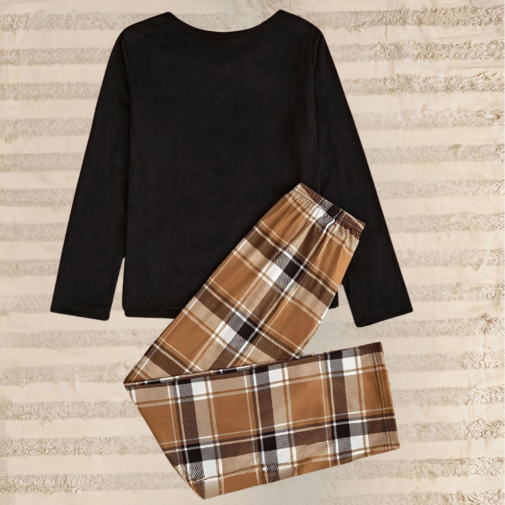 Women's Crew Neck Top & Checkered Trousers Set