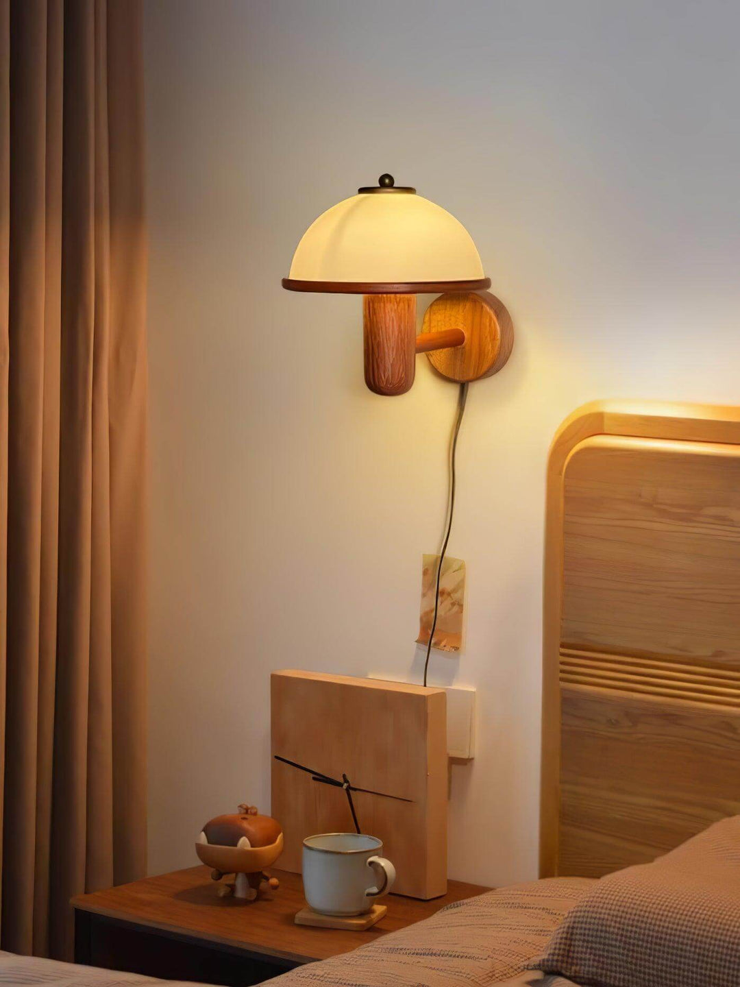 Oak Wood Mushroom Wall Light with White Shade