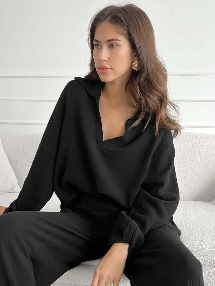 Women's Loungewear Set - V-Neck & Wide Leg
