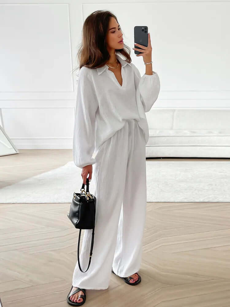 Women's Loungewear Set - V-Neck & Wide Leg