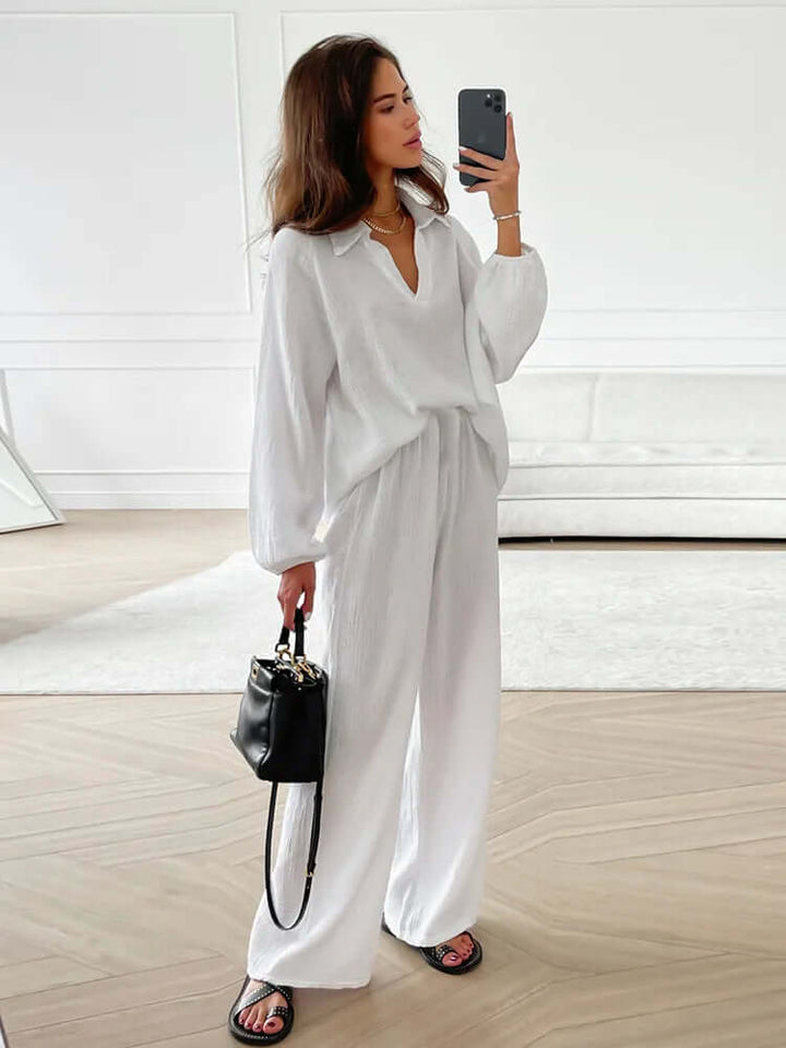Women's Loungewear Set - V-Neck & Wide Leg