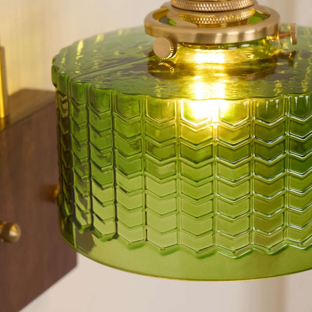 Rustic Green Glass Wall Light with Wooden Base