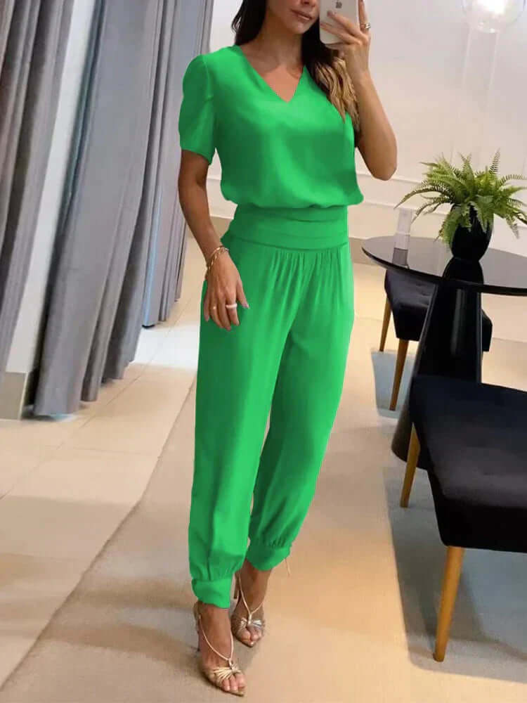 Women's  V-Neck Top & Elastic Waist Pants