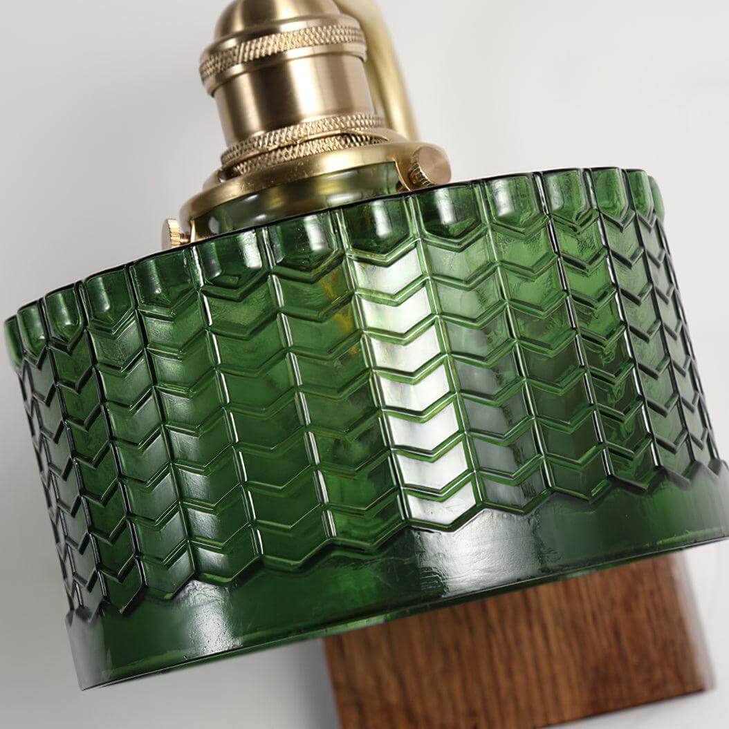 Rustic Green Glass Wall Light with Wooden Base