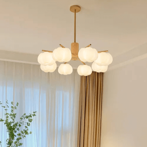 Modern Wooden Chandelier with Cotton Balls