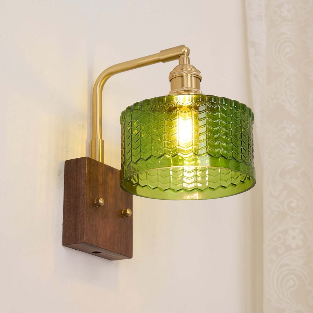 Rustic Green Glass Wall Light with Wooden Base
