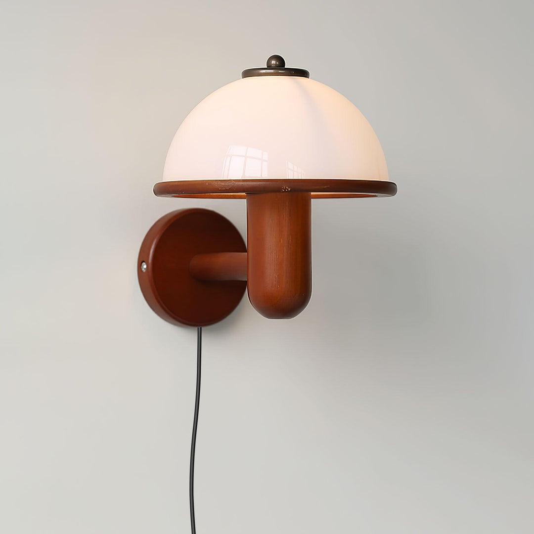Oak Wood Mushroom Wall Light with White Shade