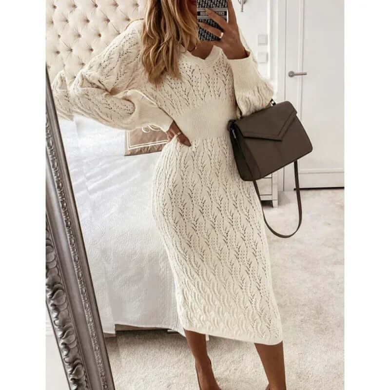 Women's V-Neck Long Sleeve Midi Dress