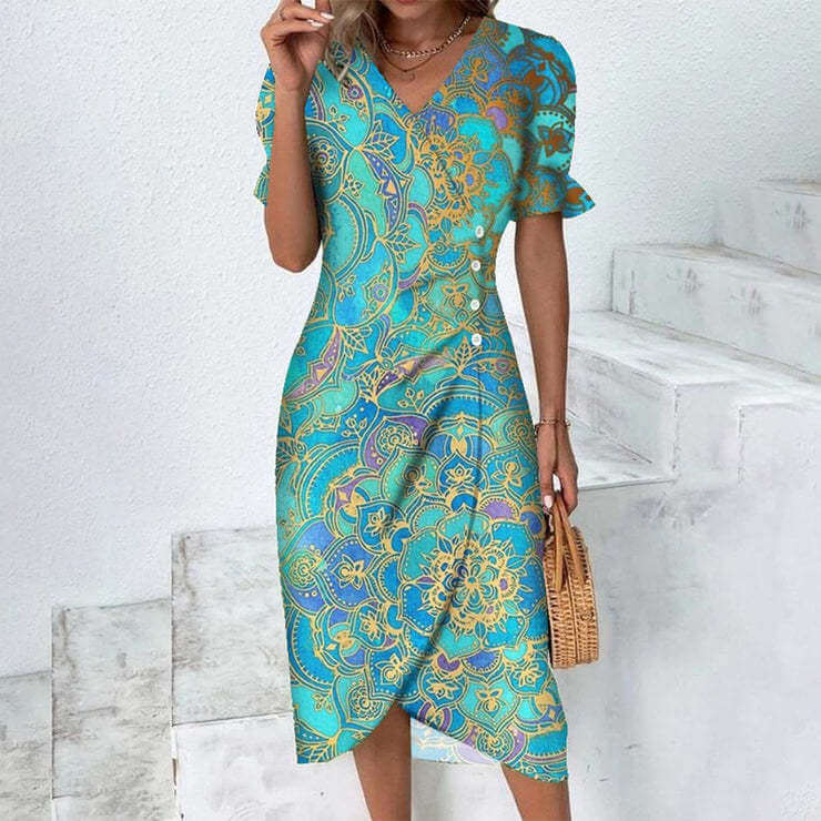 Breezy women's polyester summer dress, knee-length for comfort & style. Great vacation or beach wear.